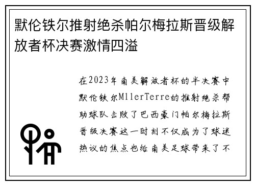 默伦铁尔推射绝杀帕尔梅拉斯晋级解放者杯决赛激情四溢